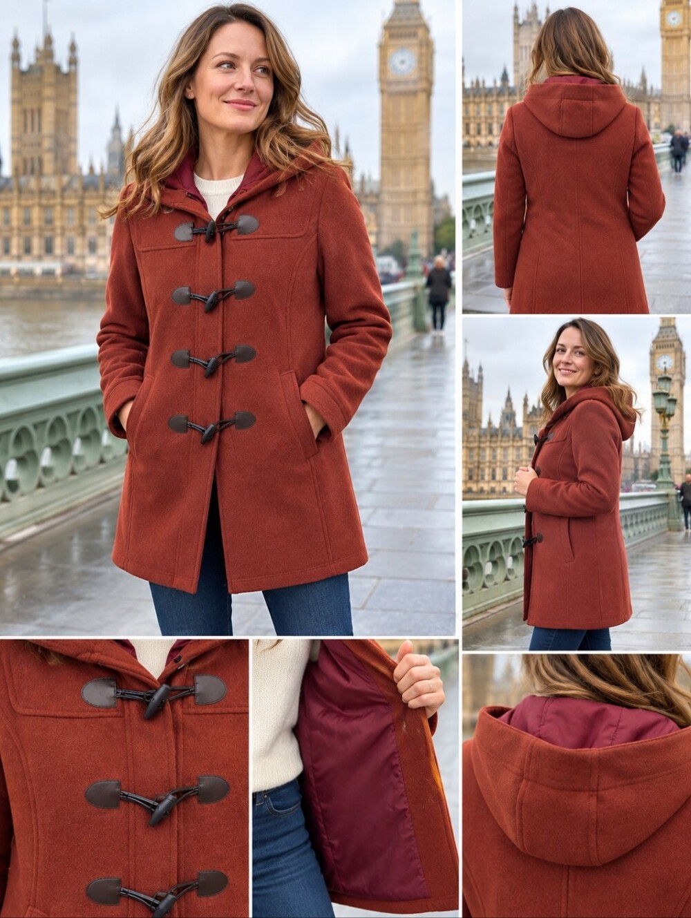 L.L. BEAN Pea Coat in Burnt Orange with Burgundy Lining